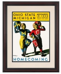The Michigan Wolverines showed true spirit in the classic 1938 match up, destroying the Ohio State Buckeyes' hopes for a happy homecoming. A reproduction of the cover from the game day program, this framed football art is a hit with fans of either team.