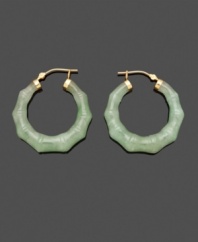 Add a little luck and a lot of style in this fresh take on the traditional hoop. Solid jade (30 mm) in an intricate bamboo shape adds subtle color and uniqueness to your look. Crafted in 14k gold. Approximate diameter: 1-1/2 inches.