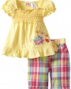 Young Hearts 2 Piece Flower Sash Pullover And Plaid Short Set, Lemon, 6X