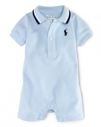 A preppy short-sleeved shortall in breathable cotton mesh is adorned with signature pony embroidery.Ribbed striped polo collar, two-button placket, ribbed armbands.