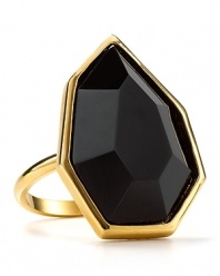 Inject some serious edge into your jewel box with this ring from T Tahari. This statement piece boasts a faceted black crystal stone, classically framed in gold plated metal.