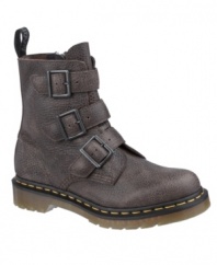 The Dr. Martens Women's Shoes 3 Strap Buckle Boots offer a twist on the durable rocker look by swapping out the time-honored laces for bold buckle closures.