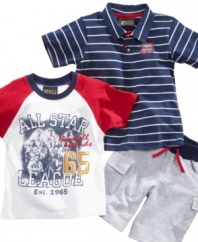 Hit it out of the park! He'll be stylish, sporty and comfortable in this tee shirt, polo shirt and shorts set from Nannette.