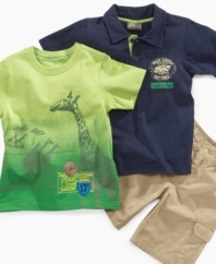 Let him get a little wild. This tee shirt, polo shirt and short set from Nannette will get him ready for the great outdoors in no time.