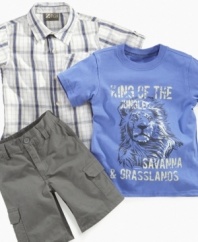 Keep him on the right track. This tee shirt, plaid shirt and short set from Nannette will have him ready to go on any adventure that comes his way.