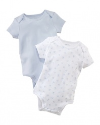 Sure to be a treasured gift, an essential two-pack set includes one patterned bodysuit and one solid bodysuit crafted from soft cotton jersey