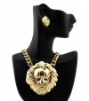 New Gold Lion Head Pendant w/10mm 16 Link Chain Necklace & Earrings Set NBQ163