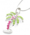 Gorgeous Colorful Green, Light and Dark Pink Crystal Palm Tree Pendant Necklace - White Gold Plated