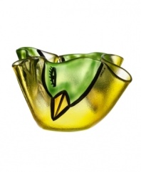 A friendly face beaks in between the folds of canary-yellow glass in this handcrafted Happy Going bowl, a fun surprise for modern interiors. Designed by Ulrica Hydman-Vallien for Kosta Boda.