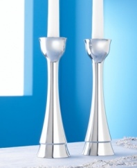 Kindle the traditional Sabbath lights with these stunningly modern candlesticks. A design of soaring curves combines with a polished stainless steel surface for minimalist elegance.