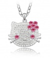Adorable Large Cubic Zirconia Crystal Hello Kitty with Light Pink Flower Bow Tie Pendant Necklace,18