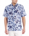 Cubavera Men's Short Sleeve Linen Cotton Floral Printed Woven Shirt, Chambray Blue, Medium