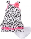 Kids Headquarters Baby-Girls Infant Printed Dress with Pink 3D Flower, Black/White, 12 Months