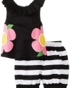 Mud Pie Baby-Girls Infant Flower Tank and Striped Short Set, Black/Pink/White, 12-18 Months