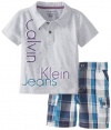 Calvin Klein Baby-Boys Infant Polo with Plaided Cargo Short, Gray, 24 Months