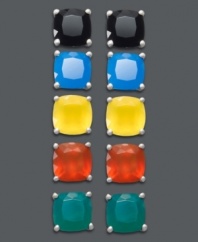 Mix and match with any outfit. This vibrant stud earrings set features five pairs of round-cut agate (9 ct. t.w.) in black, blue, yellow, red and green. Set in sterling silver. Approximate diameter: 1/4 inch.