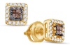 14K Yellow Gold Princess Cut Chocolate Brown and White Diamond - Square Princess Shape Halo Invisible & Channel Set Studs Earrings with Secure Screw Back Closure - (.30 cttw.)