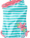 Hartstrings Baby-Girls Infant Striped One Piece with Floral Applique Swimsuit, Green/White Stripe, 12