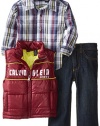 Calvin Klein Baby-Boys Infant Vest with Plaided Shirt and Jeans, Maroon , 12 Months