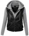 MBJ Womens Faux Leather Zip Up Moto Jacket With Hoodie