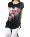 Red Flower Printed Round Neck Tunic Style Fashion T Shirt Top for Women
