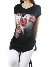 Red Flower Printed Round Neck Tunic Style Fashion T Shirt Top for Women