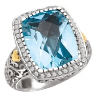 925 Silver, Blue Topaz & Diamond Ring with 18k Gold Accents (0.23ctw)- Sizes 6-8