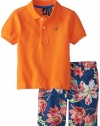 Nautica Little Boys' 2 Piece Short Sleeve Solid Polo with Stripe Short Set, Eco Orange, 4T
