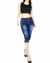 Women's Sexy Stretchy Fitted Destructed Denim Capri Embroidery Stud Detail Pocket