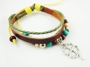 Wild Wind Hollowed Out Clover Pendant Multi-Strand Colorful Beaded Adjustable Length Leather Wrap Bracelet