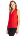 Vince Camuto Women's Sleeveless V Blouse with Inverted Front Pleat, Tulip Red, X-Small