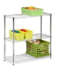 Shelve it-stop dealing with clutter and just put it away! A durable steel frame holds three adjustable shelves, so you can store and display all types of equipment. Ideal for washrooms, garages or commercial kitchens, this heavy-duty unit can hold up to 200 pounds per shelf for a storage solution that never backs down. Limited lifetime warranty.