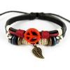 MORE FUN Alloy Leaf Pendant 2-Row Leather Handmade Woven Bracelet with Peaceful Symbol Plane Button