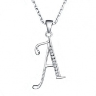 Paialco S925 Sterling Silver CZ Initial Charm Pendant Necklace Rhodium Plated