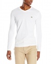 Lacoste Men's Long Sleeve Jersey Pima V Neck Tee Shirt, White, 4