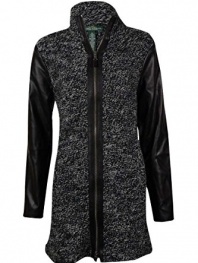 LRL Lauren Jeans Co. Womens Pleather-Sleeves Sweater Jacket (M, Black/Dark Grey)