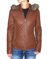 Bar III Women's Faux Fur Trim Quilted Faux Leather Jacket (Brown, M)