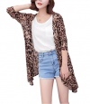 Kimono-style Dressing Gown Wide Mid-sleeve Leopard Print Semipermeable Top Long Cardigans Button-free (s)