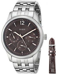 GUESS Men's U0508G1 Classic Silver-Tone Interchangeable Boxed Watch Set with Brown Leather Strap