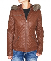 Bar III Women's Faux Fur Trim Quilted Faux Leather Jacket (Brown, M)