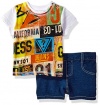 GUESS Baby Boys' Set Sleeve Graphic T-Shirt and Denim Shorts, Font Print, 12M